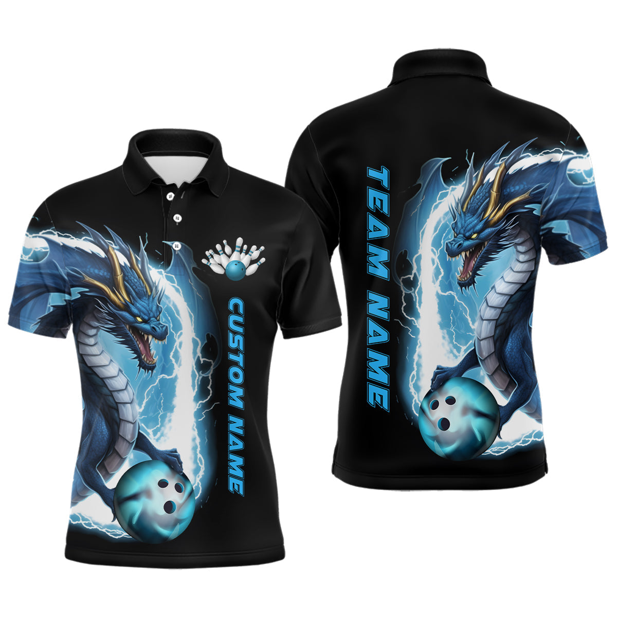 Custom Blue Thunder Lightning Dragon Bowling Polo Shirts Men Dragon Bowling Team Jerseys Outfits IPHW5337