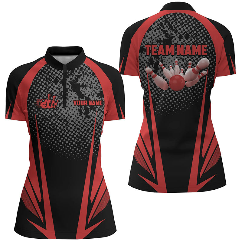 Women Bowling Quarter-Zip Custom bowling ball and pins black and red team ladies Bowlers Jerseys NQS7148