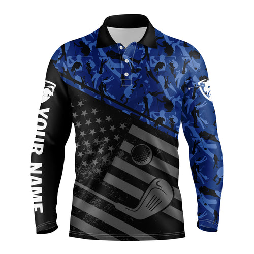 Mens golf polo shirt black American flag patriotic blue camo polo custom name golfing gifts NQS3436