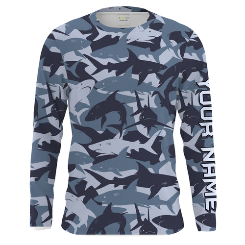 Shark fishing camo UV protection customize name long sleeves fishing shirts UPF 30+, fishing shirt for men, women, kid NQS2190