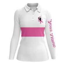 Load image into Gallery viewer, White and pink Breast Cancer Awareness custom Women golf polo shirt, pink ribbon golf shirts NQS6321