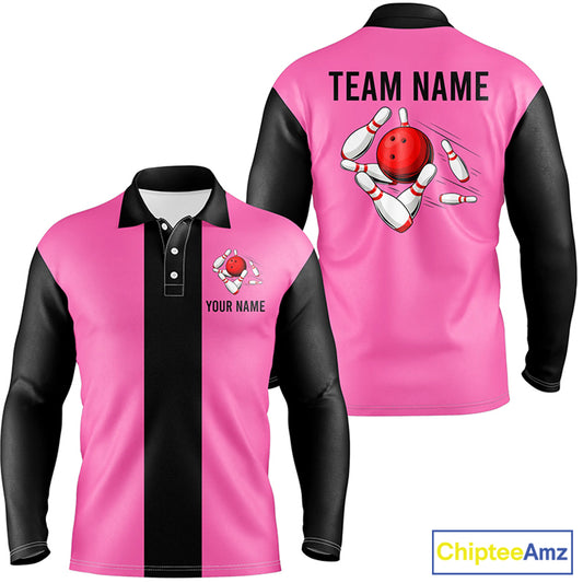 Personalized Pink Black Retro Bowling Polo Shirts For Men custom vintage bowling team jerseys NQS6568
