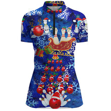 Load image into Gallery viewer, Womens Bowling Quarter-Zip Shirts Custom Christmas Bowling Santa pins blue pattern team Ladies Jersey NQS6617