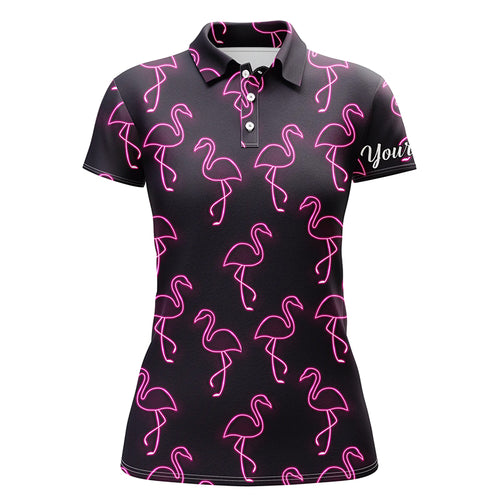 Black Womens golf polo shirt neon pink flamingos pattern custom name team golf polo shirts NQS4951