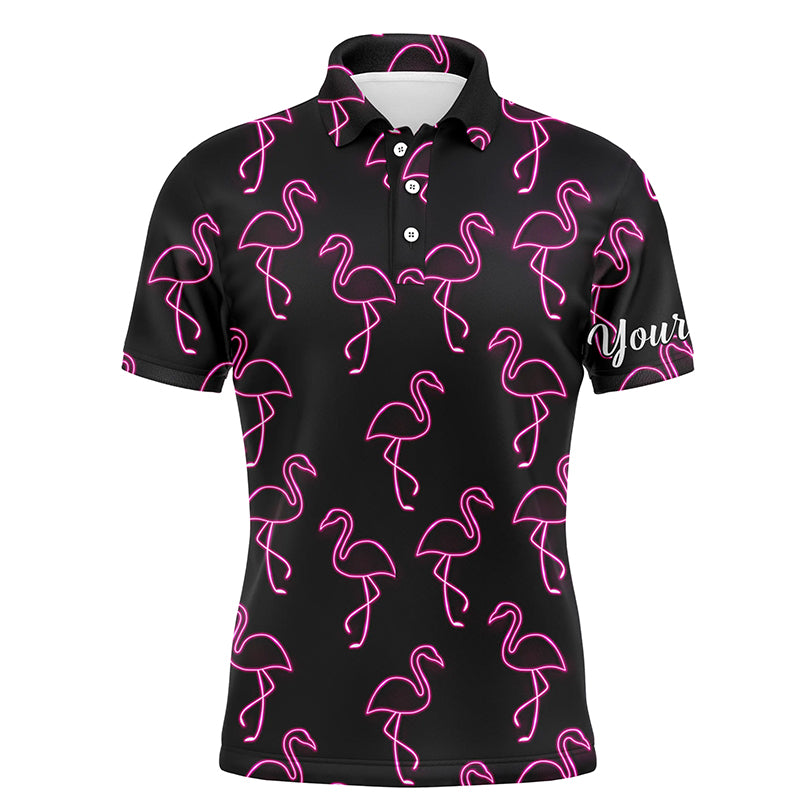 Black Mens golf polo shirt neon pink flamingos pattern custom name team flamingo golf polo shirts NQS4951