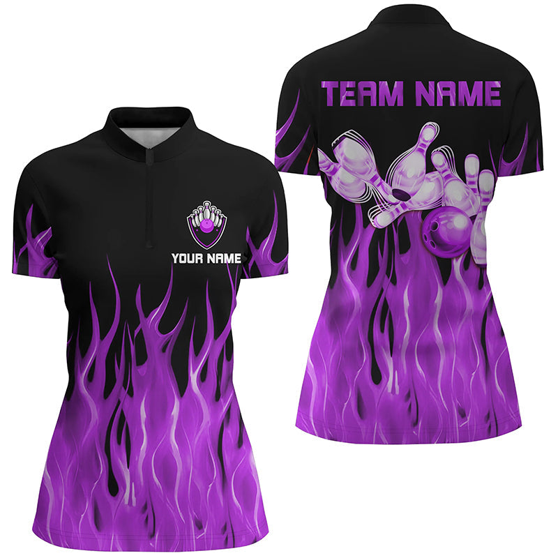Purple flame Bowling Quarter-Zip Shirt Women black Bowling Jerseys Personalized Bowling Team Shirts NQS7302