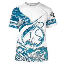 Load image into Gallery viewer, Sailfish fishing tattoo blue sea wave ocean camo Custom Name UV sun protection fishing jersey NQS3777