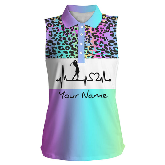 Women's sleeveless golf polo shirt custom rainbow gradient leopard golf heartbeat, golfing gifts NQS4961
