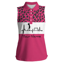 Load image into Gallery viewer, Women's sleeveless golf polo shirt custom pink leopard pattern golf heartbeat, golfing gifts for women NQS4962