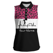 Load image into Gallery viewer, Women's sleeveless golf polo shirt custom pink leopard pattern golf heartbeat, golfing gifts for women NQS4962
