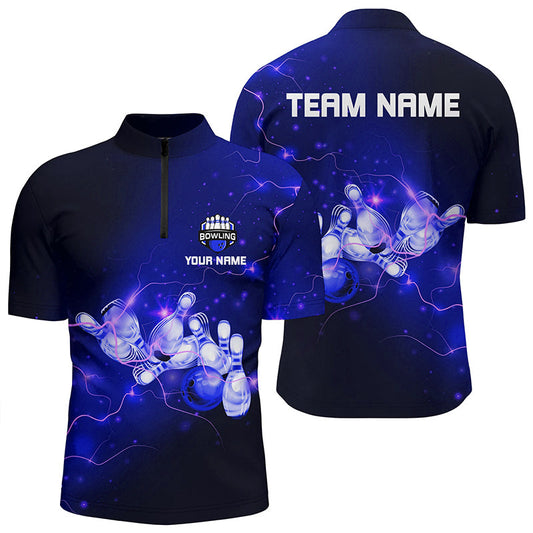 Mens Bowling Quarter-Zip Shirts Custom Blue flashes of lightning thunder bowling team Mens Jerseys NQS6681
