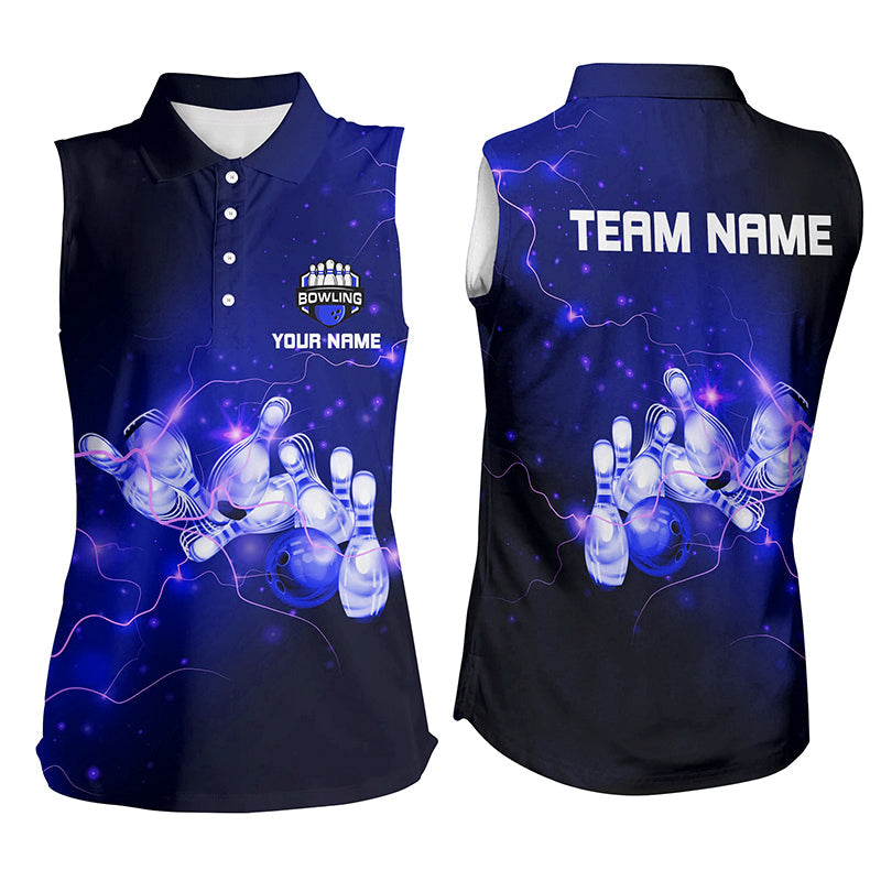 Womens Bowling sleeveless Polo Shirts Custom Blue flashes of lightning thunder team Ladies Jerseys NQS6681