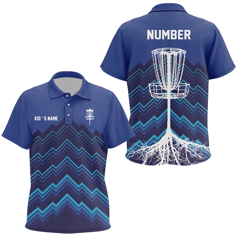 Kid Disc golf polo shirts custom blue pattern Disc Golf Basket Tree jerseys, disc golf shirt NQS6684