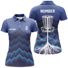 Load image into Gallery viewer, Womens Disc golf polo shirt custom blue pattern Disc Golf Basket Tree jerseys, disc golf shirt NQS6684