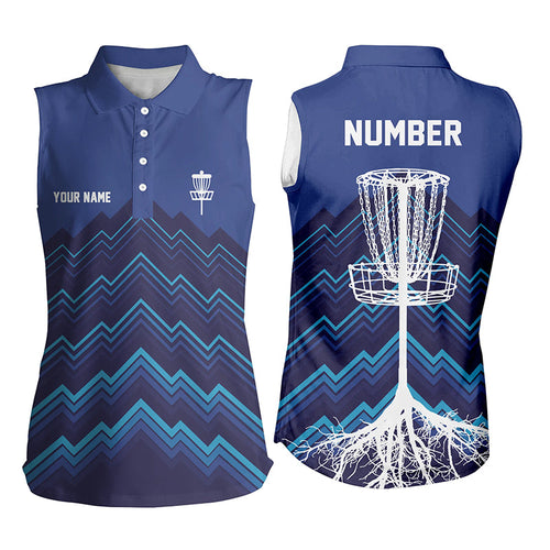 Womens sleeveless polo shirt custom blue pattern Disc Golf Basket Tree jerseys, disc golf shirt NQS6684