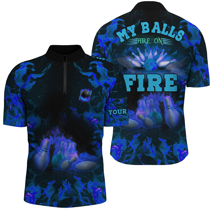 Blue Flame bowling shirt custom my balls are on fire bowling Quarter Zip shirts for men,bowling jersey NQS6457