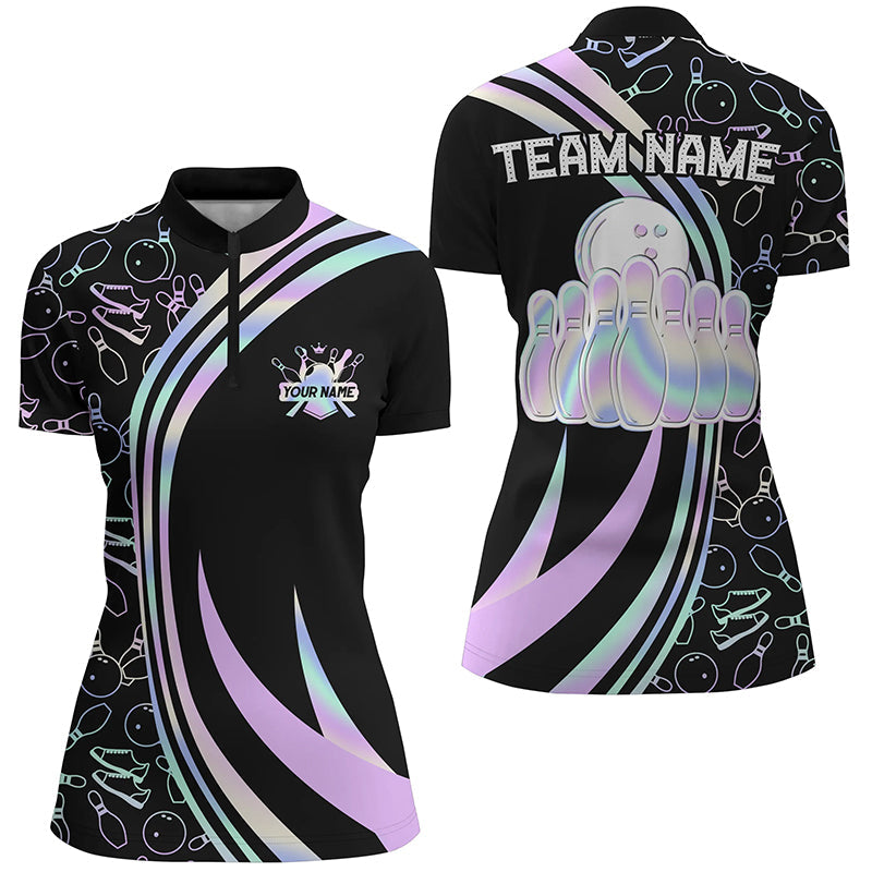 Black Women bowling Quarter Zip shirt Custom neon camo team league bowling jerseys, gifts for bowlers NQS7210