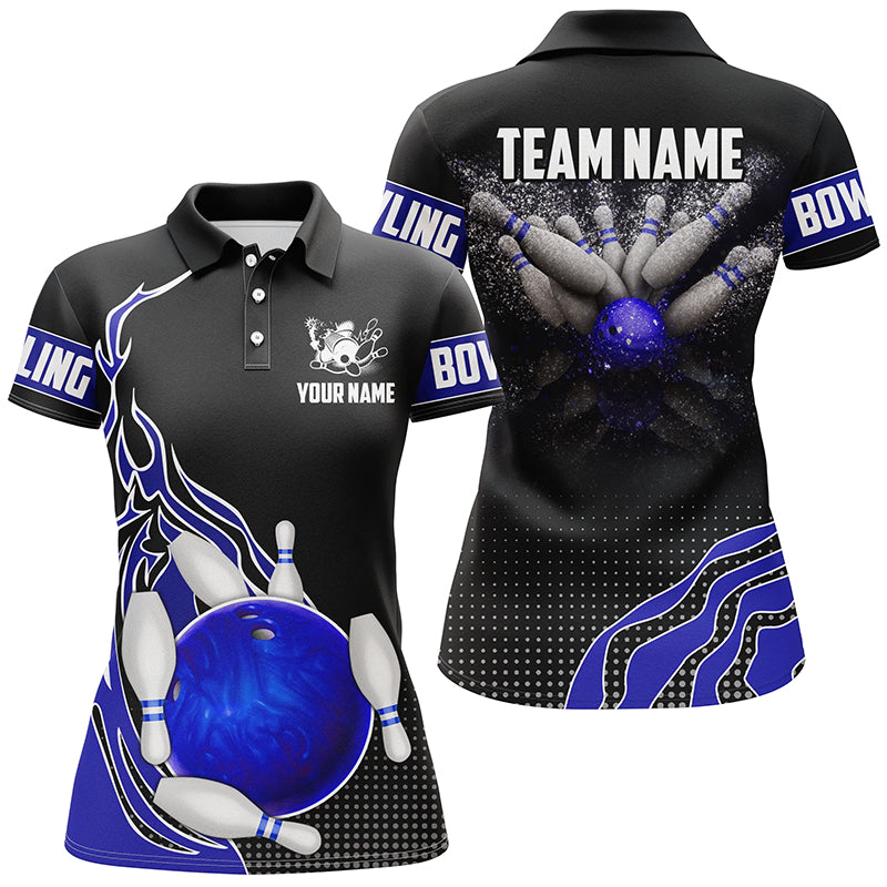 Blue and black Bowling polo shirts for women custom Bowling ball pins Team League Jerseys bowl gifts NQS6252