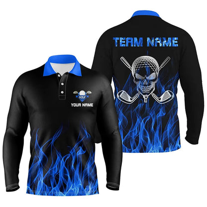 Black Mens golf polo shirts custom blue flame skull golf clubs, personalized golf gifts for men NQS6726
