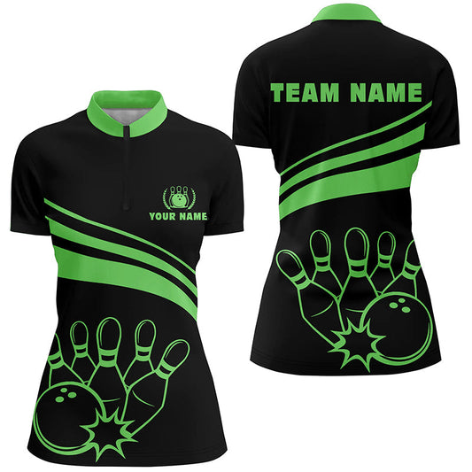 Personalized bowling Quarter Zip shirts for women, black womens bowling shirts team bowl jersey| Green NQS6925