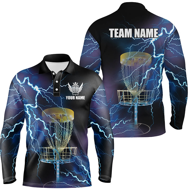 Mens disc golf polo shirts custom blue lightning thunder disc golf basket team disco golf outfit NQS6265