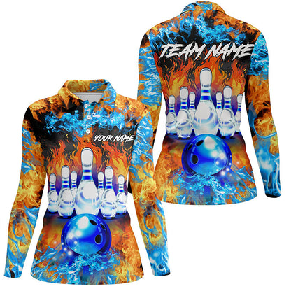 Flame bowling ball and pins Bowling Polo Shirts For Women Custom blue fire bowling Team League Jerseys NQS6738
