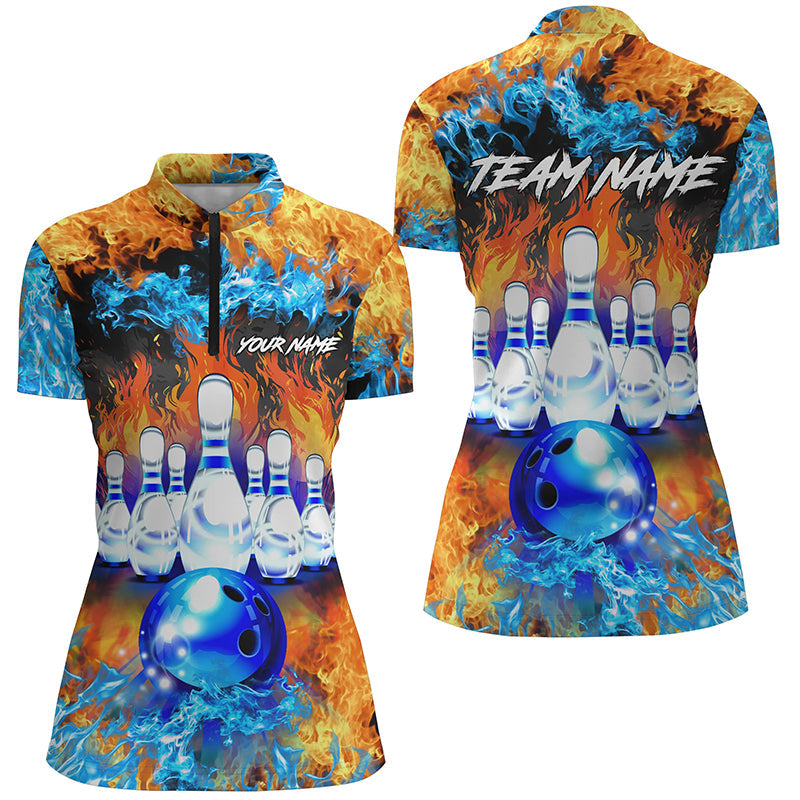 Flame ball pins Bowling Quarter Zip Shirt For Women Custom blue fire bowling Team League Jerseys NQS6738