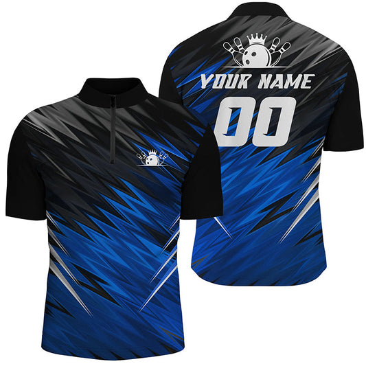 Blue and black Mens Quarter Zip shirts custom name bowling shirts for men, team bowling jerseys NQS6475