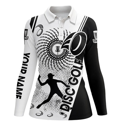 Black and white Womens disc golf polo shirts custom disc golf shirt, personalized disc golf gifts NQS6752