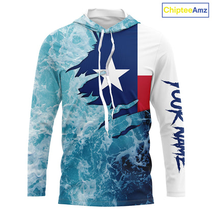 Texas flag fishing Saltwater Long sleeve customized name Fishing Shirts UV Protection, Sea wave camo blue Fishing Shirts NQS2567