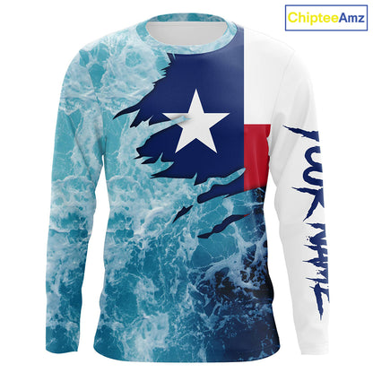 Texas flag fishing Saltwater Long sleeve customized name Fishing Shirts UV Protection, Sea wave camo blue Fishing Shirts NQS2567