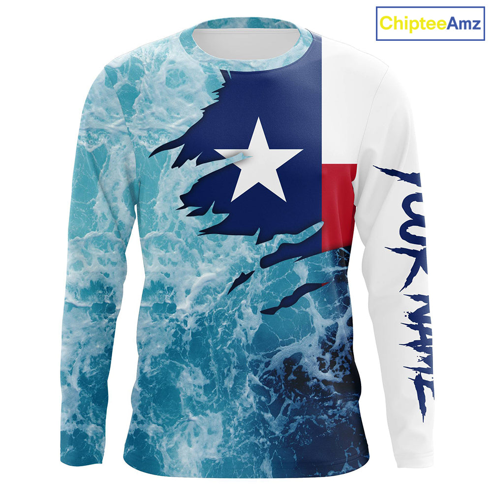 Texas flag fishing Saltwater Long sleeve customized name Fishing Shirts UV Protection, Sea wave camo blue Fishing Shirts NQS2567