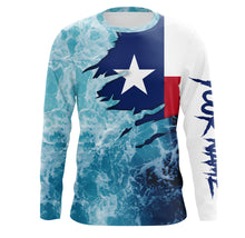 Load image into Gallery viewer, Texas flag fishing Saltwater Long sleeve customized name Fishing Shirts UV Protection, Sea wave camo blue Fishing Shirts NQS2567