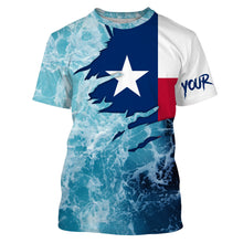 Load image into Gallery viewer, Texas flag fishing Saltwater Long sleeve customized name Fishing Shirts UV Protection, Sea wave camo blue Fishing Shirts NQS2567
