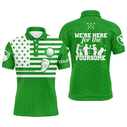 Green white American flag mens golf polo shirts custom name we're here for the foursome golf gifts NQS5088