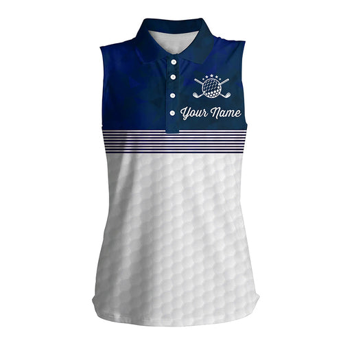 Blue and white Women sleeveless polo shirt custom name ladies golf shirts, personalized golf gifts NQS6283