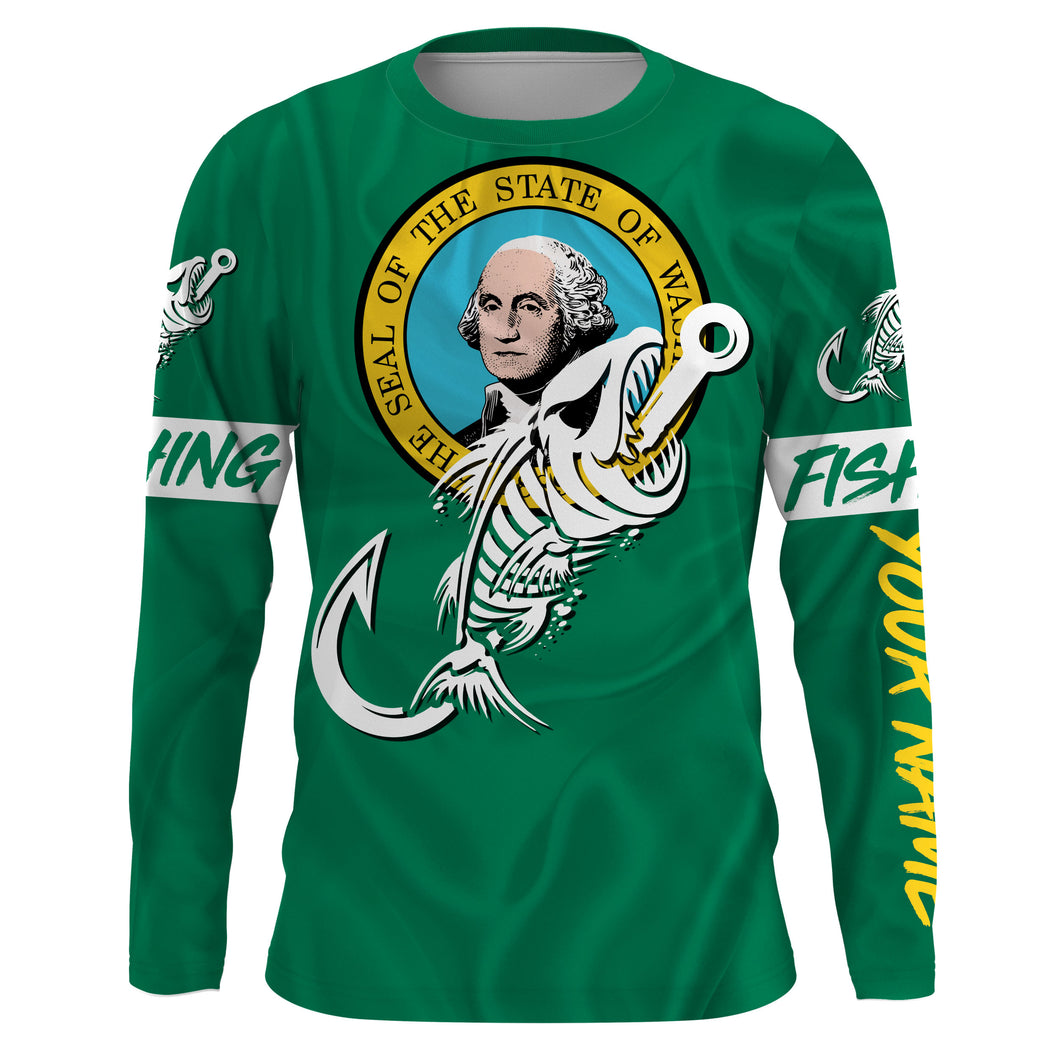 WA Washington Fishing Flag Fish hook skull Custom sun protection fishing shirts for men, women, kid NQS3409