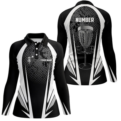 Womens disc golf polo shirt custom name, number black white disc golf jersey, womens disc golf apparel NQS6309