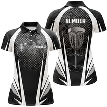 Load image into Gallery viewer, Womens disc golf polo shirt custom name, number black white disc golf jersey, womens disc golf apparel NQS6309