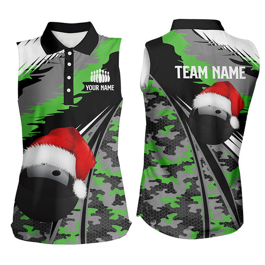 Women bowling sleeveless polos Custom Christmas bowling ball green camo Bowling Team league Jersey NQS6794