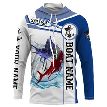 Load image into Gallery viewer, Sailfish Fishing American Flag Custom name and boat name performance Long Sleeve Fishing Shirts, Patriotic Fishing gifts NQS2339