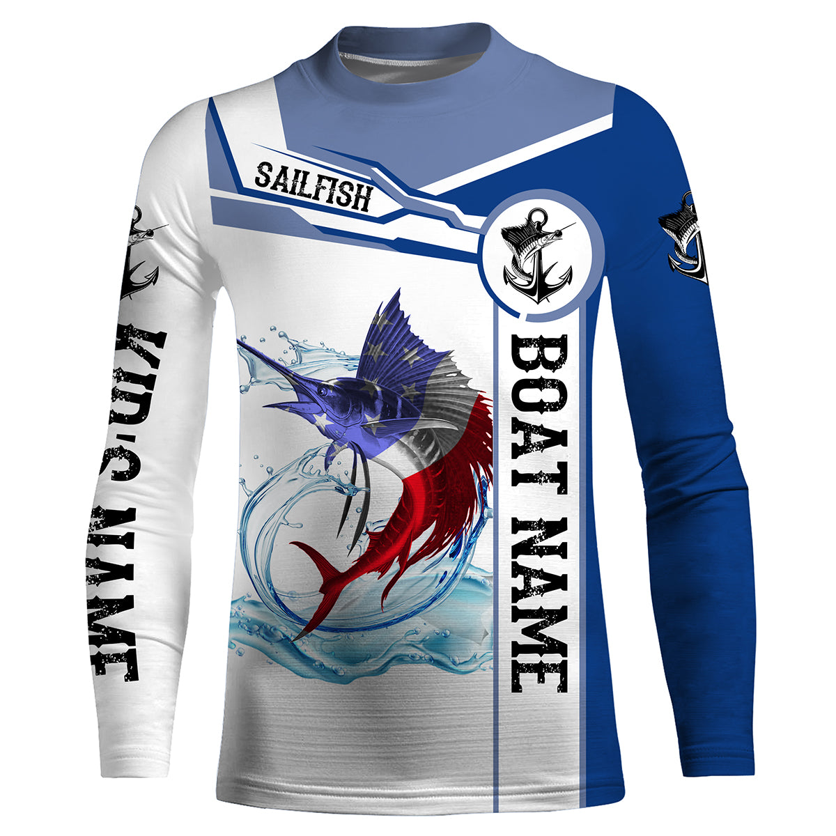 Sailfish Fishing American Flag Custom name and boat name performance Long Sleeve Fishing Shirts, Patriotic Fishing gifts NQS2339