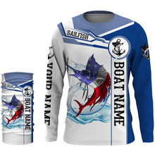 Load image into Gallery viewer, Sailfish Fishing American Flag Custom name and boat name performance Long Sleeve Fishing Shirts, Patriotic Fishing gifts NQS2339