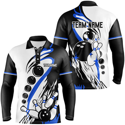 Black and white retro bowling league jerseys custom Men Bowling Polo Shirt, gifts for bowlers | Blue NQS7154