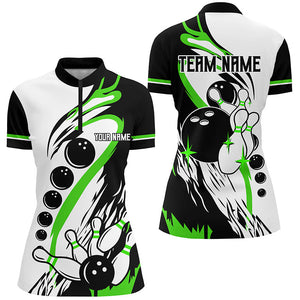 Black white retro bowling league jersey custom Women Bowling Quarter Zip Shirt, gift for bowler| Green NQS7155