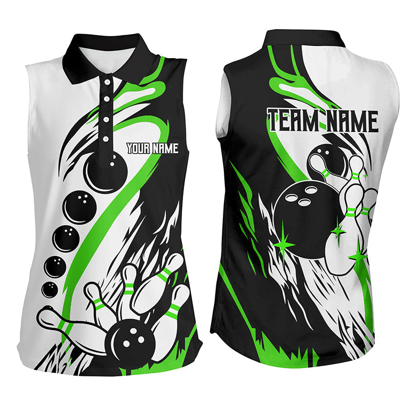 Black white retro bowling league jersey custom Women Bowling sleeveless Polos, gifts for bowler| Green NQS7155