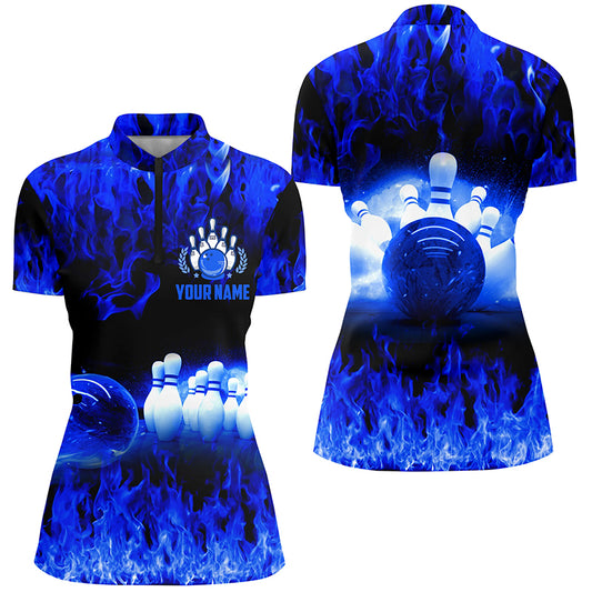 Custom Blue bowling shirt for women – personalized team jersey front view