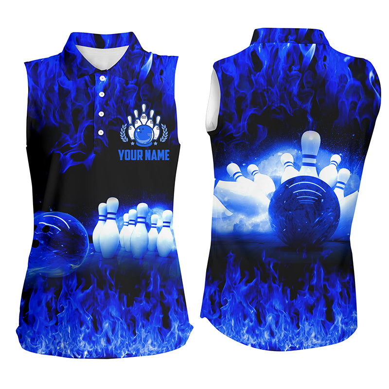 Custom Blue sleeveless bowling shirt for women – personalized team jersey front view