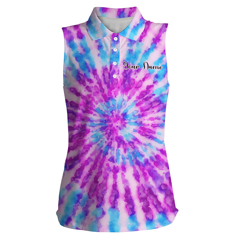 Womens sleeveless polo shirts with watercolor purple tie dye custom name pattern golf shirt for women NQS4661