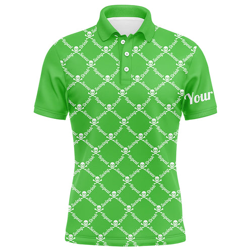 Mens golf polo shirt swing swear drink repeat golf skull custom name golf wear for mens | Green NQS4885